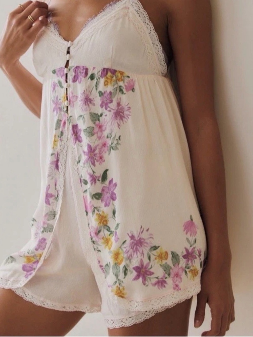 Free People Cream Floral Lace-Trim Romper with Purple & Yellow Blooms